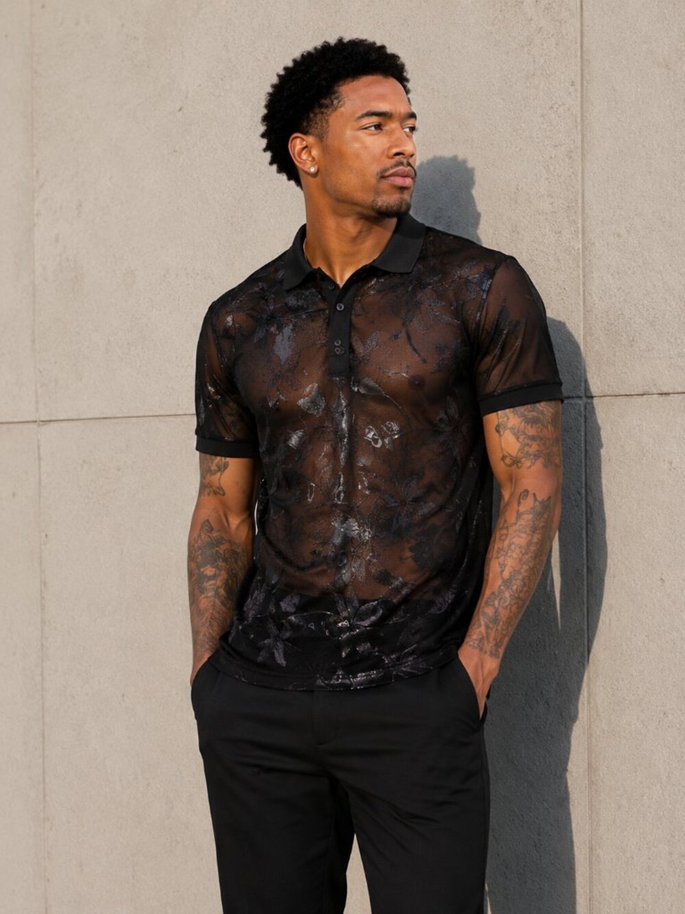 New Men's Floral See-Through Polo - L